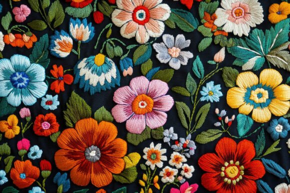 Reviewing Colorful Embroidery on Black Fabric Back